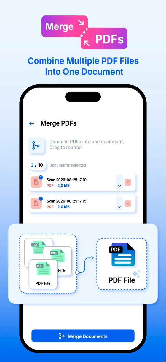 Merge PDFs. Combine multiple PDF files into one document.