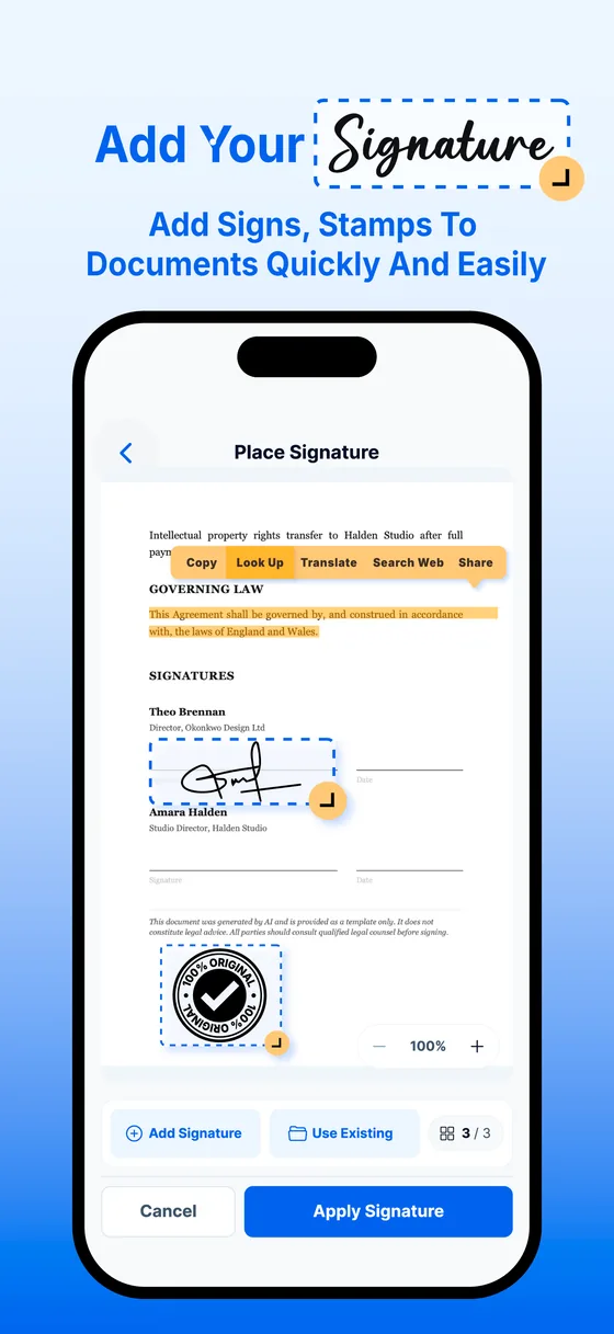 Add your signature. Add signatures and stamps to documents quickly and easily.