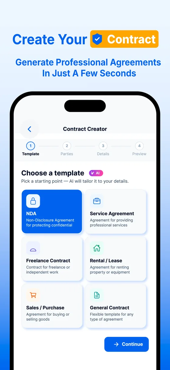 Create your contract. Generate professional agreements in just a few seconds.